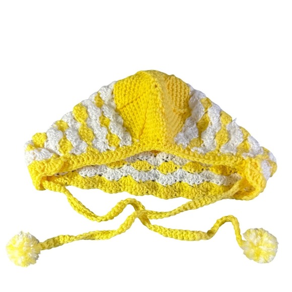 Handmade Other - Handmade Crochet Baby Bonnet Yellow White Shell Stitch Pixie Pom Pom Hat Kids
